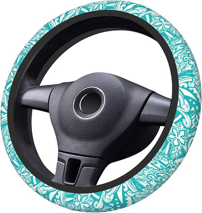 Hawaiian Teal Tribal Turtles Car Steering Wheel Cover for Women Men Stretch Cloth Anti-Slip Wrap Protector Case Fit Universal Auto Accessories Decor Sweat Absorption 14-15 Inch
