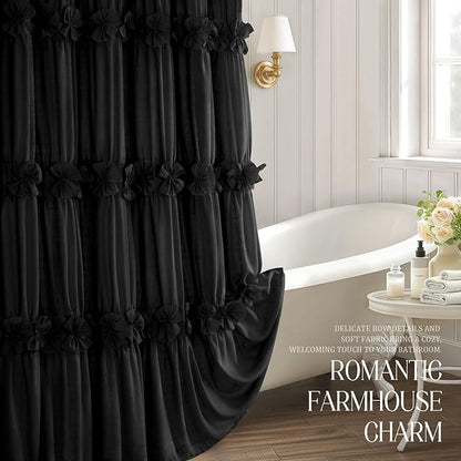XOGUIBO Ruffle Shower Curtain with Handmade Bow Tie, Vintage Farmhouse Shower Curtain for Bathroom, 72" W x 72" H,Black