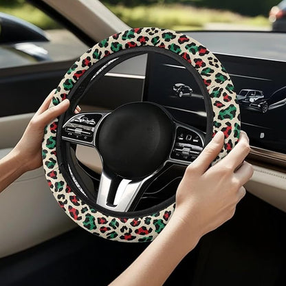 Universal Non-Slip Steering Wheel Cover, 15-inch Polyester Material Driving Accessories, Adjustable for Car and Truck(Artistic Red Green Leopard)