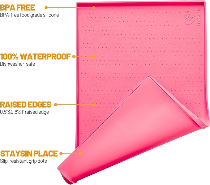 Hubulk Dog Feeding Mat,100% Waterproof Food Grade Silicone Pet Food and Water Bowl Placemat,Dishwasher, High Raised Edge to Prevent Spills,Nonslip Tray to Stop Messes on Floor (24"x16"x0.5", Pink)