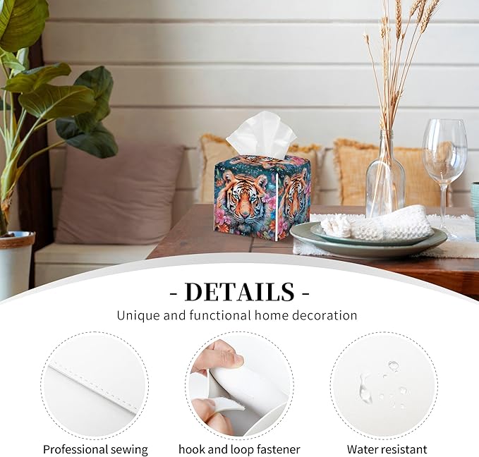 POIUBLE Leather Tissue Box Holder Tiger with Flowers Tissue Box Cover Square Waterproof Tissue Holder Organizer Modern Napkin Holder for Bedroom Dresser Night Stand Office Desk