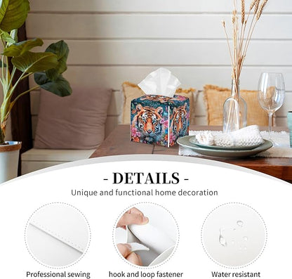 POIUBLE Leather Tissue Box Holder Tiger with Flowers Tissue Box Cover Square Waterproof Tissue Holder Organizer Modern Napkin Holder for Bedroom Dresser Night Stand Office Desk