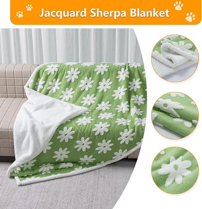 Maidewow Waterproof Pet Blanket,Green Dog Blankets for Bed Covers Couch Sofa Stylish Jacquard Pets Throw Blankets for Puppy Cats Washable Reversible Furniture Protection Covers (Green Flower,M)