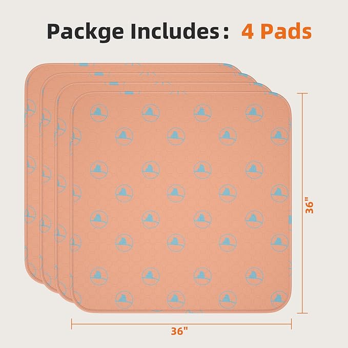 PJYuCien Washable Pee Pads for Dogs 4 Pack, 36" x 36" Non-Slip and Leak-Proof Pee Mat, Puppy Training Pads for Whelping, Playpen, Crate, Bed (Orange)