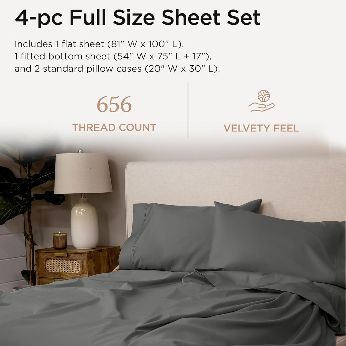Threadmill Luxury Full Size Sheets | 656 Thread Count Certified Supima Cotton Sheets for Full Size Mattress | 5-Star Hotel Quality 4 Piece Bed Sheets with Extra Deep Pocket |Dark Grey Sheet