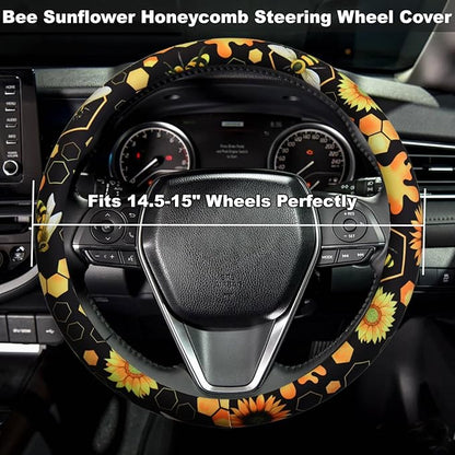 Bee Sunflower Honeycomb Steering Wheel Cover for 14.5-15 Inch (37-38 cm) Wheels, Premium Fabric with Non-Slip Rubber Inner Ring (Bee Sunflower Honeycomb)