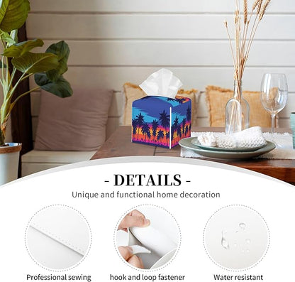 POIUBLE Leather Tissue Box Holder Palm Trees at Sunset Tissue Box Cover Square Waterproof Tissue Holder Organizer Modern Napkin Holder for Bedroom Dresser Night Stand Office Desk