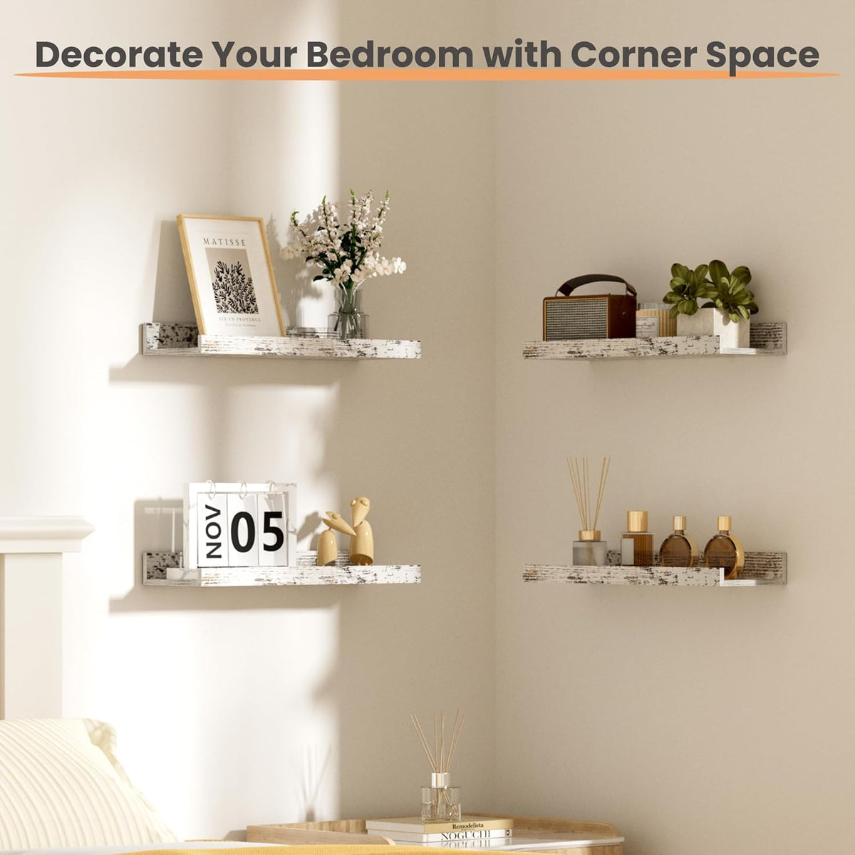 upsimples Floating Shelves for Wall, Wall Shelves for Decor Storage Set of 6, Wall Mounted Wood Shelf for Bedroom, Living Room, Bathroom, Kitchen, Picture Ledge Shelf, Rustic White