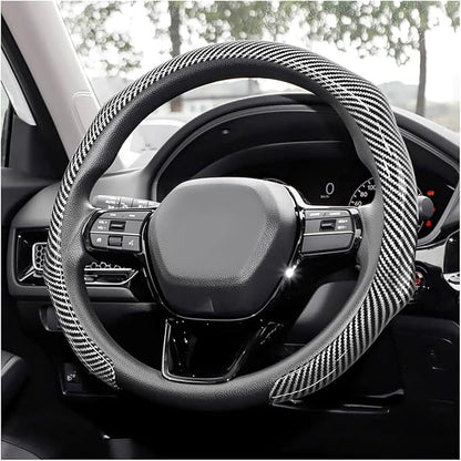 Sun Walker Carbon Fiber Car Steering Wheel Cover, 15" Anti-Slip Wear-Resistant Steering Wheel Protector Stylish Interior Decor, Ultra-Thin Comfortable Leather Wheel Cover for Women Men (Silver)