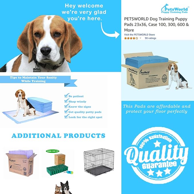 PETSWORLD Puppy Pads, 23x36 Inch, 100 Count - Puppy Pee Pads for Dogs, Tear Resistant, Economy Value, Super-Absorbent Polymer Gel Core, Perfect for Puppies, Smaller Dogs