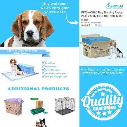 PETSWORLD Puppy Pads, 23x36 Inch, 100 Count - Puppy Pee Pads for Dogs, Tear Resistant, Economy Value, Super-Absorbent Polymer Gel Core, Perfect for Puppies, Smaller Dogs