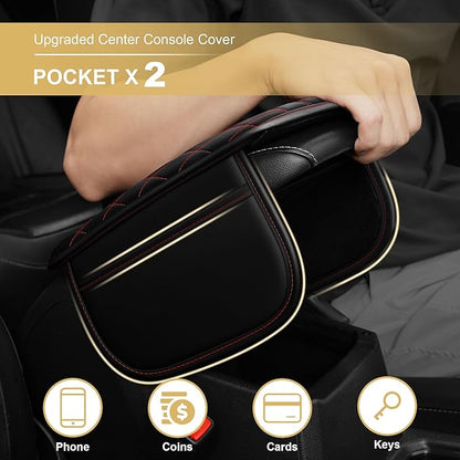 Center Console Cover for Ridgeline: Armrest Cover for Car with 2 Storage Bags - Scratch & Wear Resistant & Waterproof Leather Console Cover,Anti-Scratch Auto Armrest Pad Accessory （Black&Red