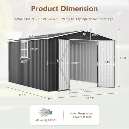 10x12 FT Outdoor Storage Shed, Metal Garden Shed - Tool Storage Sheds with Lockable Doors & 1 Clear Window, Waterproof Outside Storage Building for Backyard, Patio (Black; Floor Not Included)