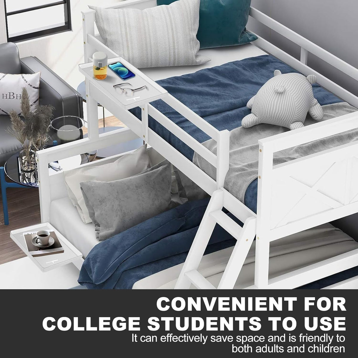 Bedside Shelf for Bunk & Loft Beds,College Dorm Room and Kids Room Essentials,Bed Side Table Tray Organizer,Clip On Nightstand,White