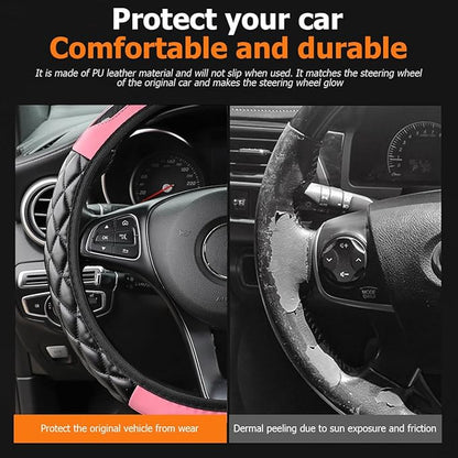 Carbon Fiber Car Steering Wheel Cover, Leather Breathable Non-Slip 14.5-15 Inch Vehicle Steering Wheel Protector, Auto Interior Protection Accessories, Universal for SUV Sedan Truck(Pink)
