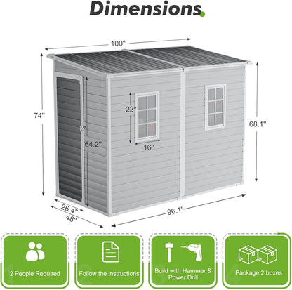 8x4 Outdoor Storage Shed, Lean to Shed with Floor for Patio and Garden, Waterproof Resin Plastic Storage Unit with Lockable Door & Awning Windows