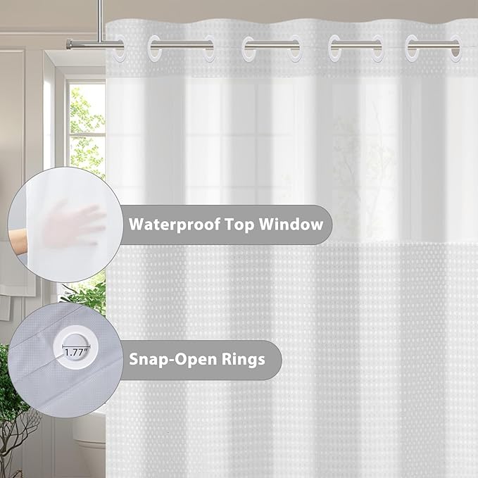 GICDSU No Hook Shower Curtain with Snap in Liner, Waffle Shower Curtain Set for Bathroom, Hotel Style with Semi-Sheer Top Window, Waterproof & Washable, Light Grey, 59" W x 75" L
