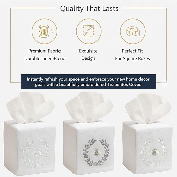 Jacaranda Living Square Tissue Box Cover, Linen/Cotton Fabric Tissue Holder, Decorative Cloth Tissue Cube Cover, Nature Designs Three Napoleon Bees (Duck Egg Blue)