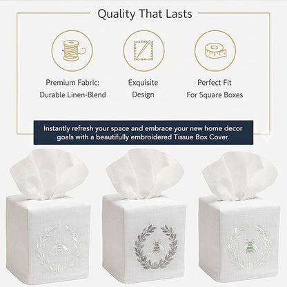 Jacaranda Living Square Tissue Box Cover, Linen/Cotton Fabric Tissue Holder, Decorative Cloth Tissue Cube Cover, Nature Designs Three Napoleon Bees (Duck Egg Blue)