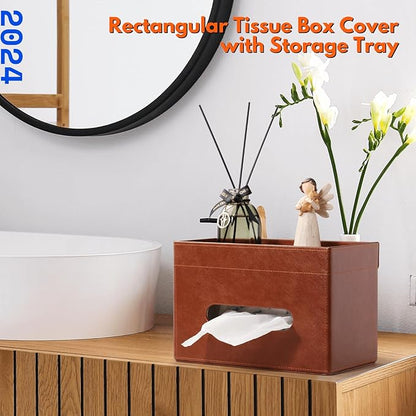LAMOTI Rectangular Tissue Box Cover with Storage Tray, Leather Facial Tissue Box Holder for Bathroom, Office Table, Countertop, Night Stand & More (Brown)
