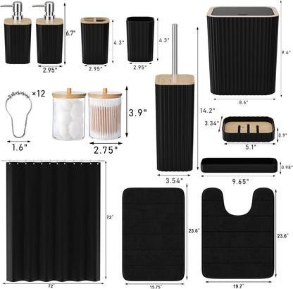 Bathroom Set - 25PC Black Bathroom Set with Shower Curtain and Rugs, Bathroom Accessories Set, Black Shower Curtain Set with Bathroom Trash Can