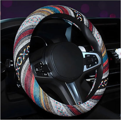 Boho Steering Wheel Cover, 15.0"×15.0" Anti-Slip Baja Blanket Ethnic Steering Wheel Protector, Breathable Flax Cloth Elastic Bohemian Steering Wheel Cover, Car Accessories (Style D)