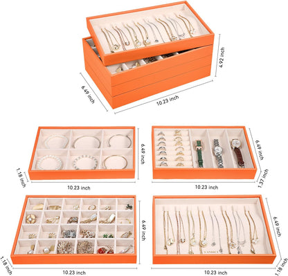 LANDICI Stackable Jewelry Organizer Trays 4 Set,PU Leather Jewelry Organizer Drawer,Jewelry Storage Display Tray for Earring Necklace Rings Bracelet with Removable Dividers,Orange