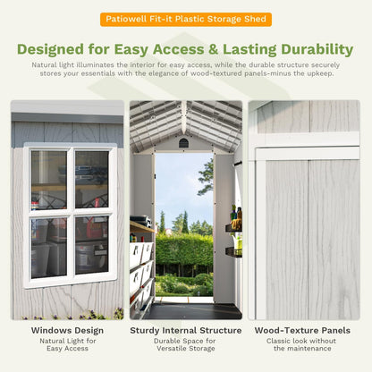 Patiowell 4 x 4 FT Plastic Outdoor Storage Shed with Floor, Garden Tool Shed with Two Windows and Single Lockable Door for Garden, Backyard, Lawn, Easy to Install, Light Grey(Fit-it Shed)