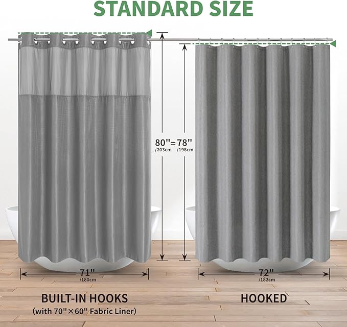 eachope Long No Hook Shower Curtain with Snap-in Fabric Liner Set,Grey Waffle Weave Shower Curtains for Bathroom,Hotel Luxury Decor Bathroom Curtain Set,Waterproof & Washable,71Wx80H