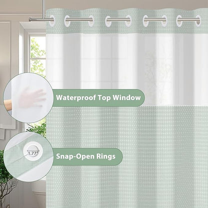 GICDSU No Hook Shower Curtain with Snap in Liner, Waffle Shower Curtain Set for Bathroom, Hotel Style with Semi-Sheer Top Window, Waterproof & Washable, Sage Green, 71" W x 86" L