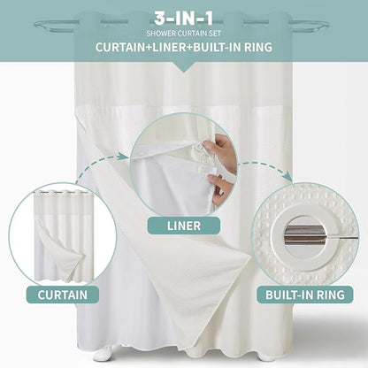 eachope Cream No Hook Waffle Weave Shower Curtain with snap-in Liner Replacement, 230GSM Waterproof Fabric Hotel Shower Curtain Set for Bathroom, Through Mesh Top Window,71Wx74H
