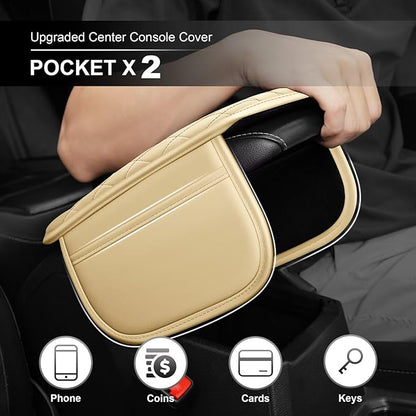 Upgraded Car Center Console Cover Fit for Corolla Faux Leather Car Armrest Cover Cushion with 2 Storage Bags,Car Armrest Storage Box Interior Accessories(Beige&Whiteline)