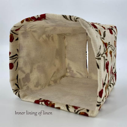 Fabric Tissue Box Cover Square, Vintage Floral Print Corduroy Tissue Holder, Bouquet Wrapping Bag 4.4"X4.4"X5.1", Creamy White
