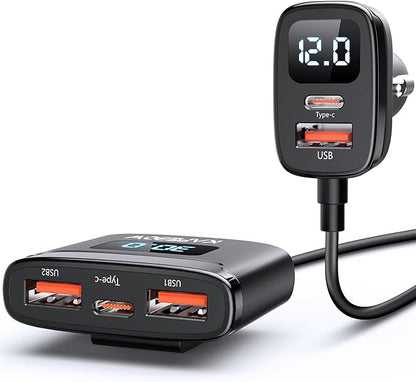 kapebow 78W Fast Charging USB C Car Charger, 5 Port Car Phone Charger with Voltage Display, 5FT Extention PD&QC 3.0 Type C Car Charger for Back Seat for iPhone iPad Samsung Pixel Phones