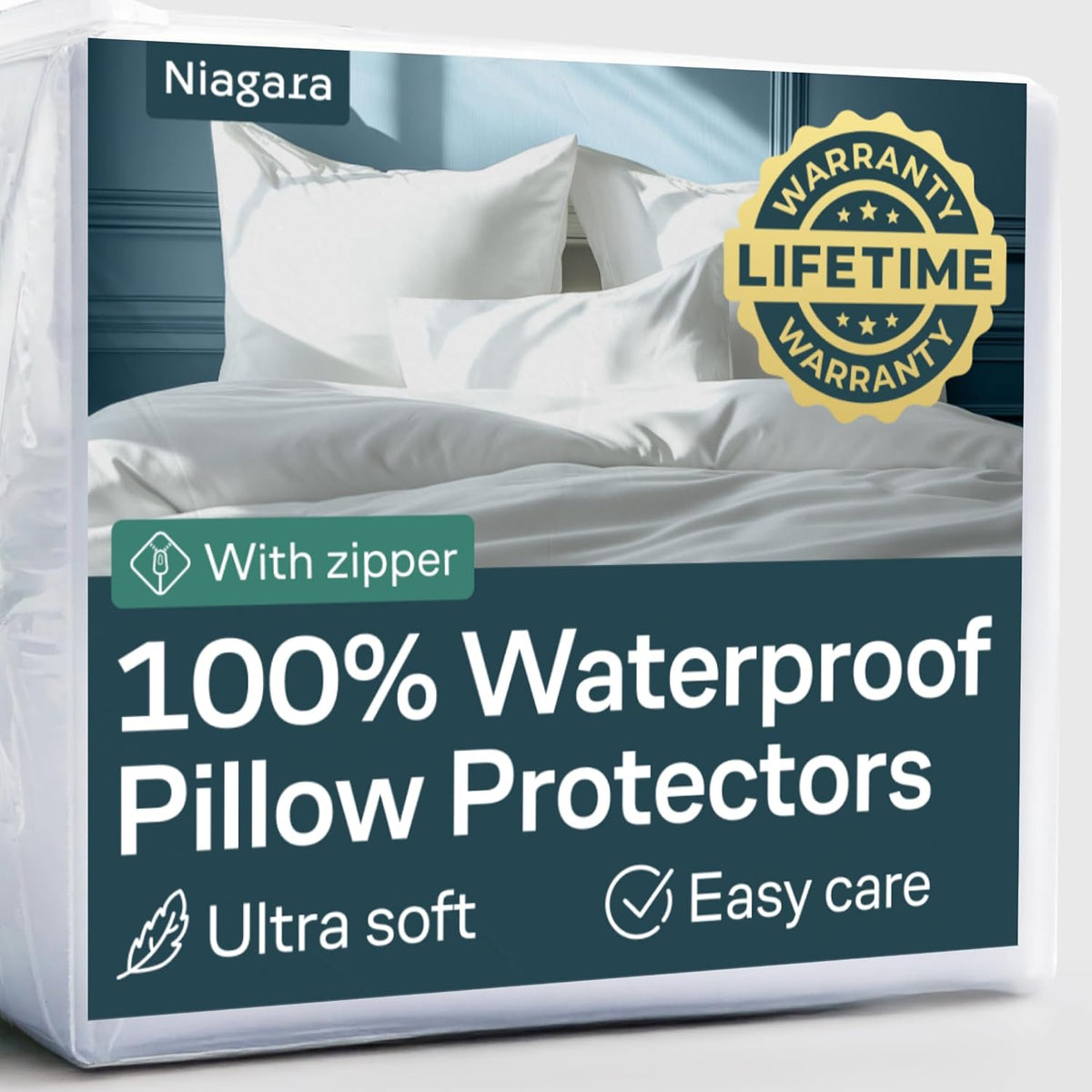 Niagara 4 Pack Waterproof Pillow Protectors King 20x36 Inches Smooth Zipper Premium Encasement Covers Quiet Cases Set White