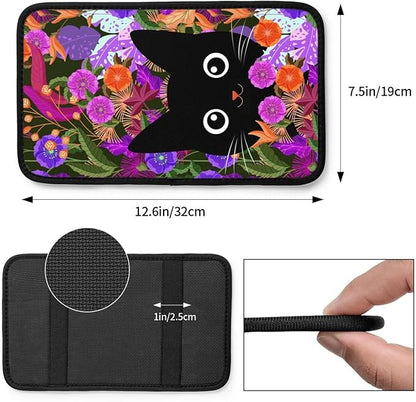 Universal Car Center Console Cushion Pad, Purple Flowers Black Cat Soft Waterproof Car Center Console Cover Auto Armrest Seat Box Cover Protector for Most Vehicle SUV Truck Car