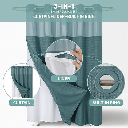 eachope SeawedGreen Long No Hook Waffle Weave Shower Curtain with snap-in Liner Replacement, 230GSM Waterproof Fabric Hotel Shower Curtain Set for Bathroom, Through Mesh Top Window,71Wx80H