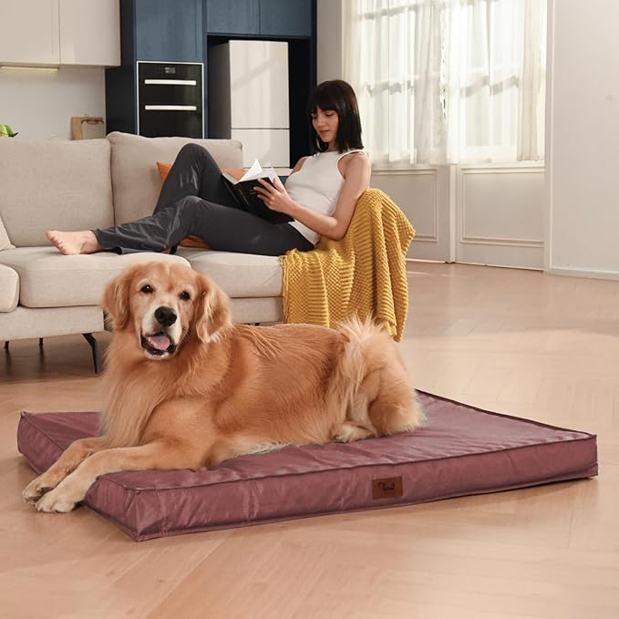 Tail Stories Outdoor Extra Large Dog Bed, Jumbo Waterproof Dog Bed for Large Dogs, Orthopedic Egg Crate Foam Pet Mat with Removable Oxford Cooling Cover, Pink