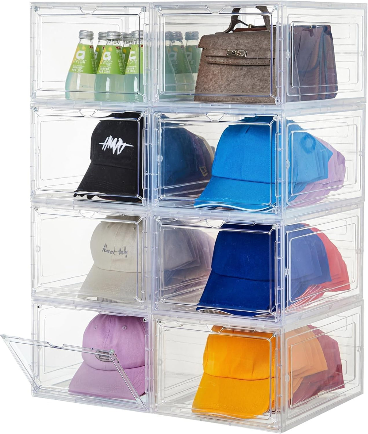 Attelite Upgrade Harder Solid Plastic Hat Organizer for Baseball Caps, 8 Pack Stackable Hat Storage Box with Clear Magnetic Door, Hat Rack(XL-Clear)