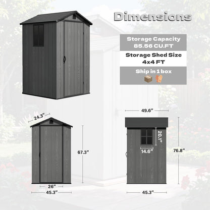 Devoko 4x4 FT Outdoor Shed, Compact & Secure Plastic Resin Storage with Lockable Door, Features Built-in Floor & Window for All-Weather Garden, Patio, and Poolside Organization, Deep Gray