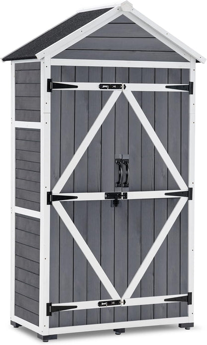 MCombo Outdoor Storage Cabinet with 2 Shelves, Outside Storage Shed with Floor, Wooden Garden Tool Shed with Latch for Yard Deck Lawn, 1000