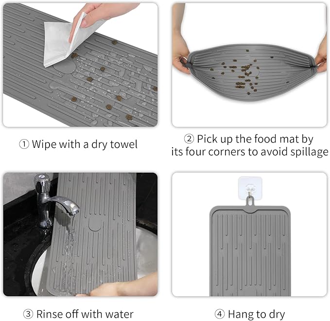 Ptlom Pet Placemat for Dog and Cat, Mat for Prevent Food and Water Overflow, Suitable for Medium and Small Pet, Grey, Silicone