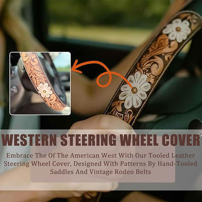Retro Western Cowboy Car Universal Steering Wheel Cover, Embossed Handcrafted Tooled Leather Western,Anti Slip, Auto Interiors Accessories,Breathable for Trucks SUVs Cars (C)