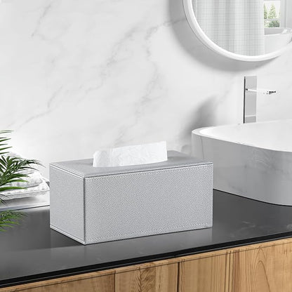 JLAMBOM Rectangle Tissue Box Cover for 120 to 160 Count Box of Tissues, PU Leather Tissue Holder with Magnetic Closure (Silver)