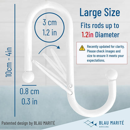 6-Pack Metal S Hooks for Hanging – Heavy-Duty S-Shaped Hook with Safety Buckle – Fits Bars up to 1.2 in – Anti-Drop S-Hooks for Closet, Wardrobes & Storage – White (Large)