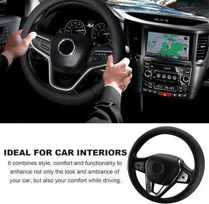 Leather Steering Wheel Cover, 15 Inch Soft Breathable Car Wheel Cover with Anti-Slip Lining, Universal Comfortable Steering Wheel Protector for Most Cars Trucks SUVs (Black)