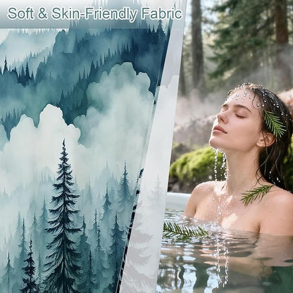 Litabel Peacock Blue Extra Long Misty Pine Forest Shower Curtain 72 x 84, XL Mountain Foggy Woodland Scenery Tree Shower Curtains for Bathroom, Abstract Waterproof Nature-Themed Decor