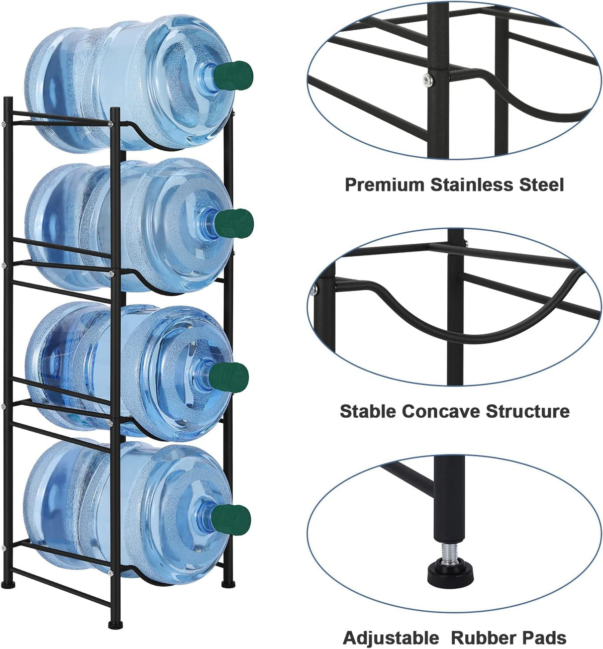 smusei 5 Gallon Water Bottle Jug Holder 4 Tier Heavy Duty Cooler Jug Storage Rack Detachable Bottle Organizer Shelf for Home, Kitchen, Office, Breakroom Space Save, Black