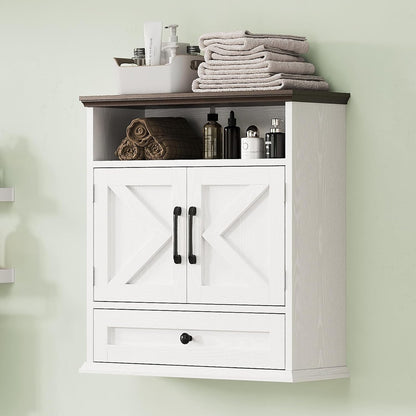 Bathroom Wall Cabinet, Wall Mounted Medicine Cabinet with Drawer, Barn Doors & Adjustable Shelf, 24.4"H x 23.6"W x 9"D White Over Toilet Farmhouse Storage Cabinet for Kitchen, Laundry Room, Entryway