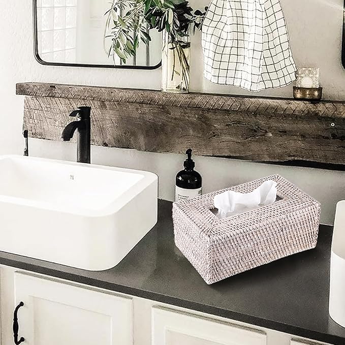 Sumnacon Tissue Box Cover Rectangle Tissue Box Rattan Tissue Box Holder,Wicker Decorative Tissue Holder for Bathroom Toilet Living Room Kitchen Office Table Desk, Whitewash
